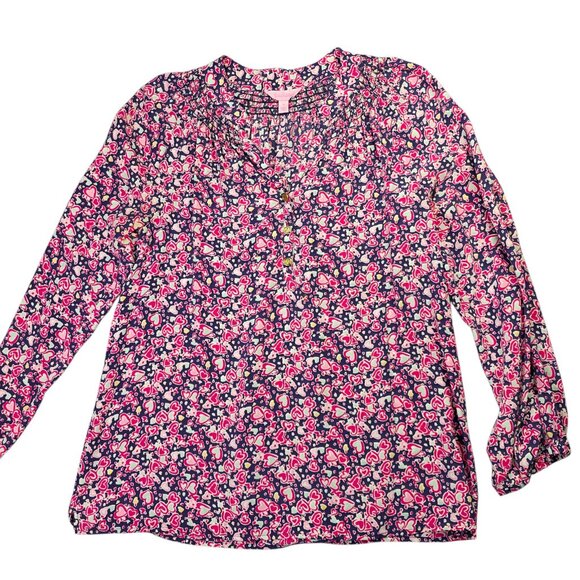 Lilly Pulitzer Shirt Womens Small Navy Pink Silk Heart Print Blouse Preppy Retro - Picture 1 of 12